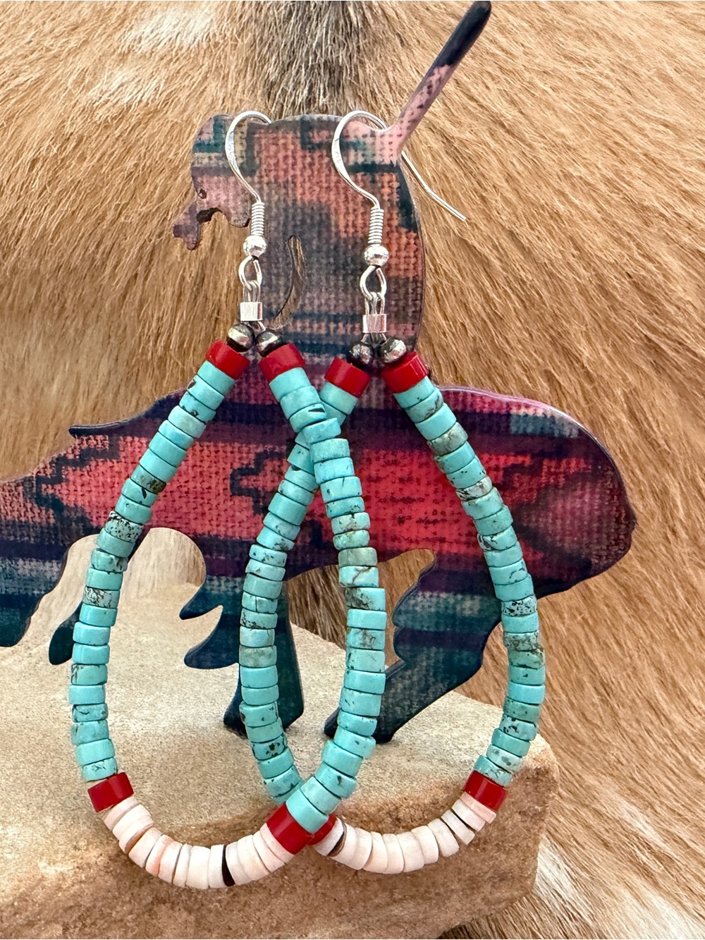 ❤️ Native American “S Duncan” Heishi Turquoise Coral Luhuanus Shell 925 Earrings - Picture 6 of 10